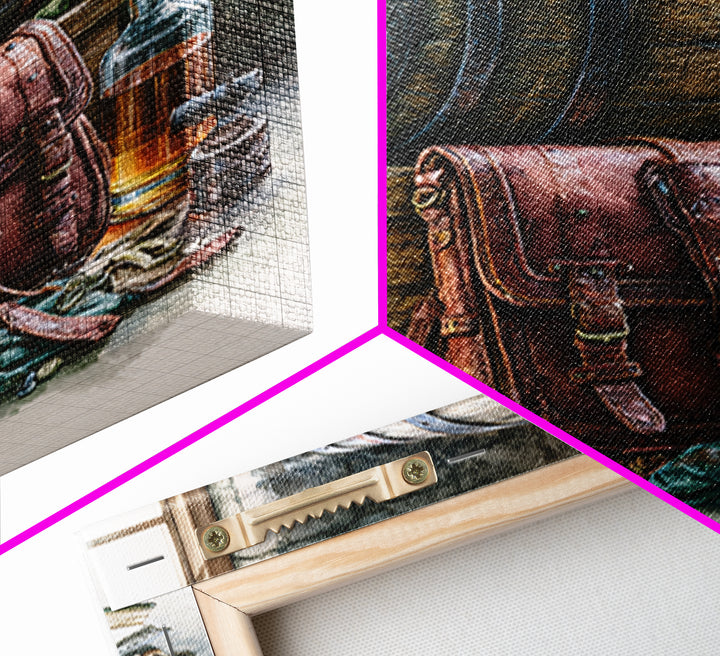 Whiskey Barrel and Leather Still Life Canvas Print, Rustic Art, Boho Decor, Farmhouse Decor, Fine Art, Rustic, Art Print, RUS-1x1-91