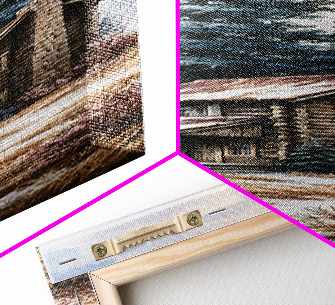 Log Cabin with Snowy Pines Canvas Print, Rustic Art, Digital Prints, Farmhouse Decor, Oil Painting, Rustic, 3d Wall Art, RUS-1x3-27