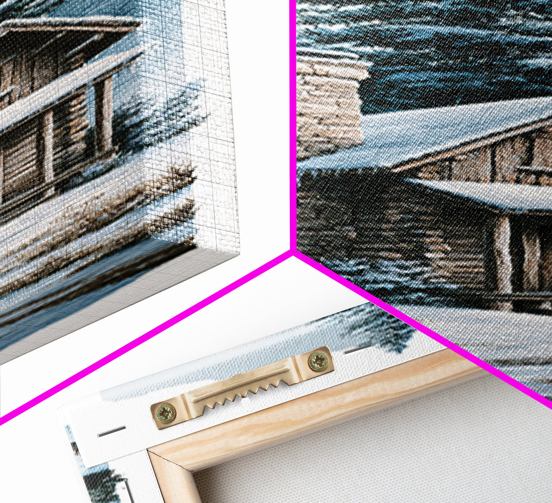 Log Cabin with Snowy Pines Canvas Print, Rustic Art, Boho Wall Art, Farmhouse Decor, Abstract Art, Rustic, Downloadable Art, RUS-1x3-51