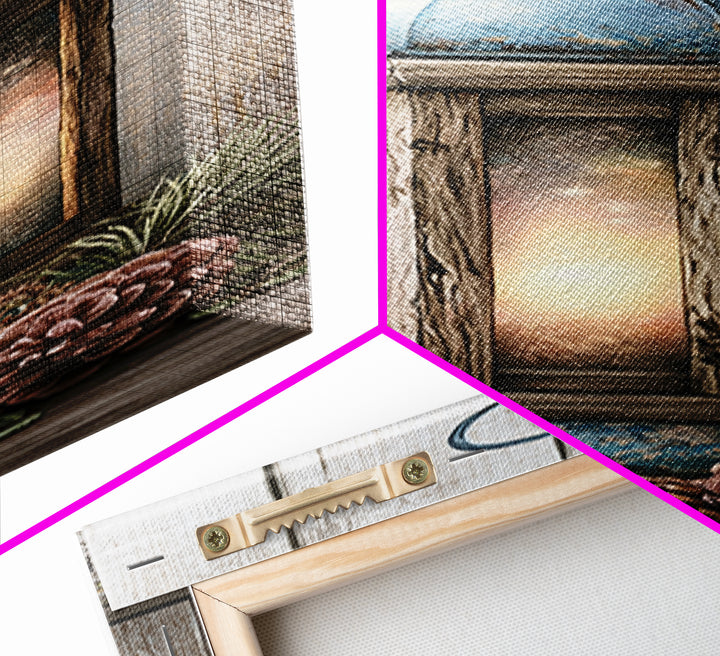 Rustic Lantern Glowing Beside Pinecones Framed Canvas Print, Rustic Art, Wood Wall Art, Farmhouse Decor, Fine Art, Rustic, RUS-1x3-64