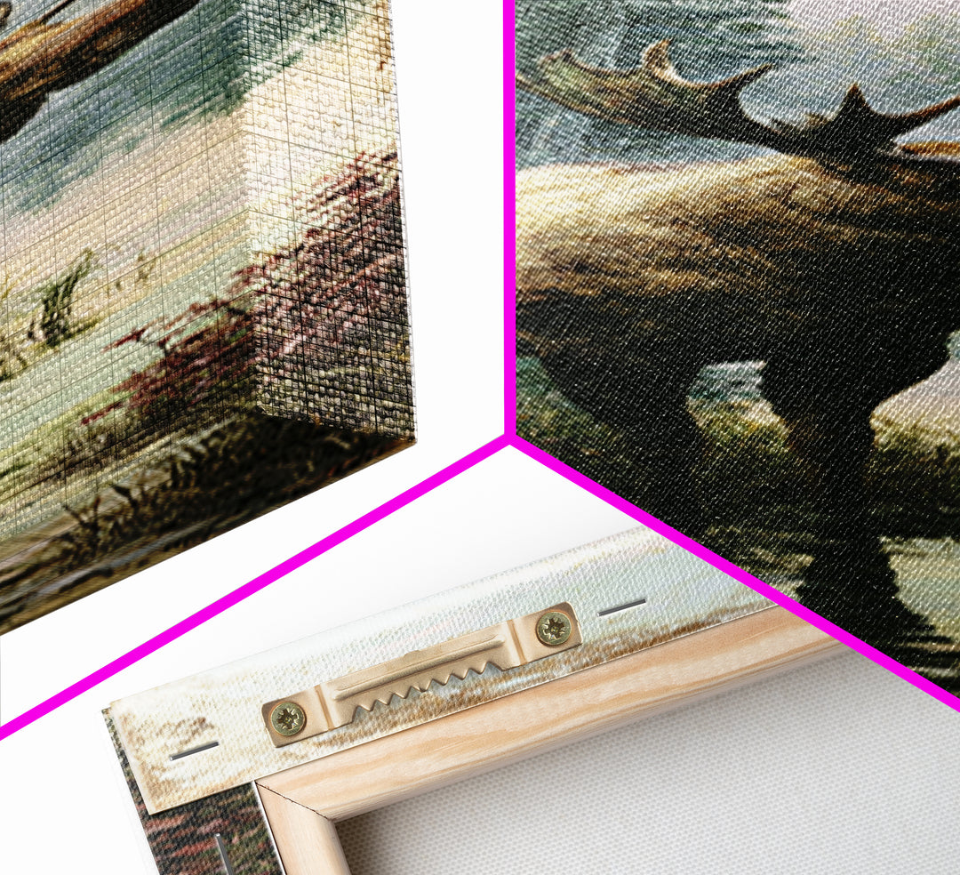 Moose Standing by a Quiet Lake Framed Canvas Print, Rustic Art, Boho Decor, Farmhouse Decor, Fine Art, Rustic, Art Print, RUS-1x3-69