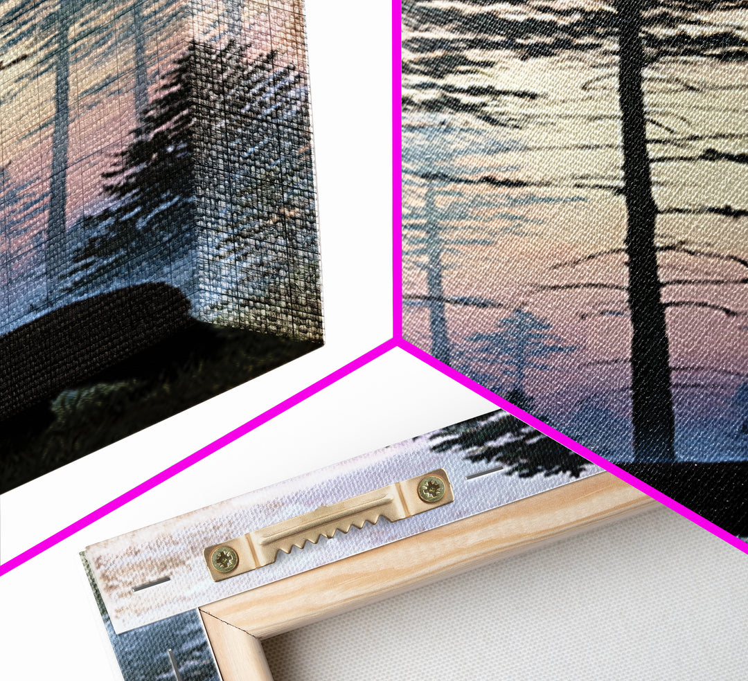 Bear Silhouette Among Pine Trees Framed Canvas Print, Rustic Art, Gallery Wall Art, Farmhouse Decor, Oil Painting, Rustic, RUS-1x3-91