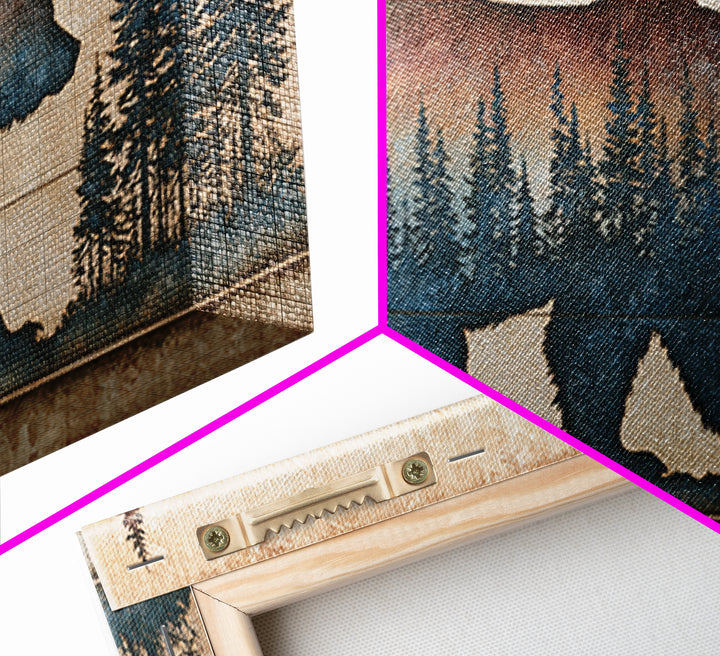 Bear Silhouette Among Pine Trees Framed Canvas Print, Rustic Art, Modern Decor, Farmhouse Decor, Oil Painting, Rustic, RUS-2x1-27