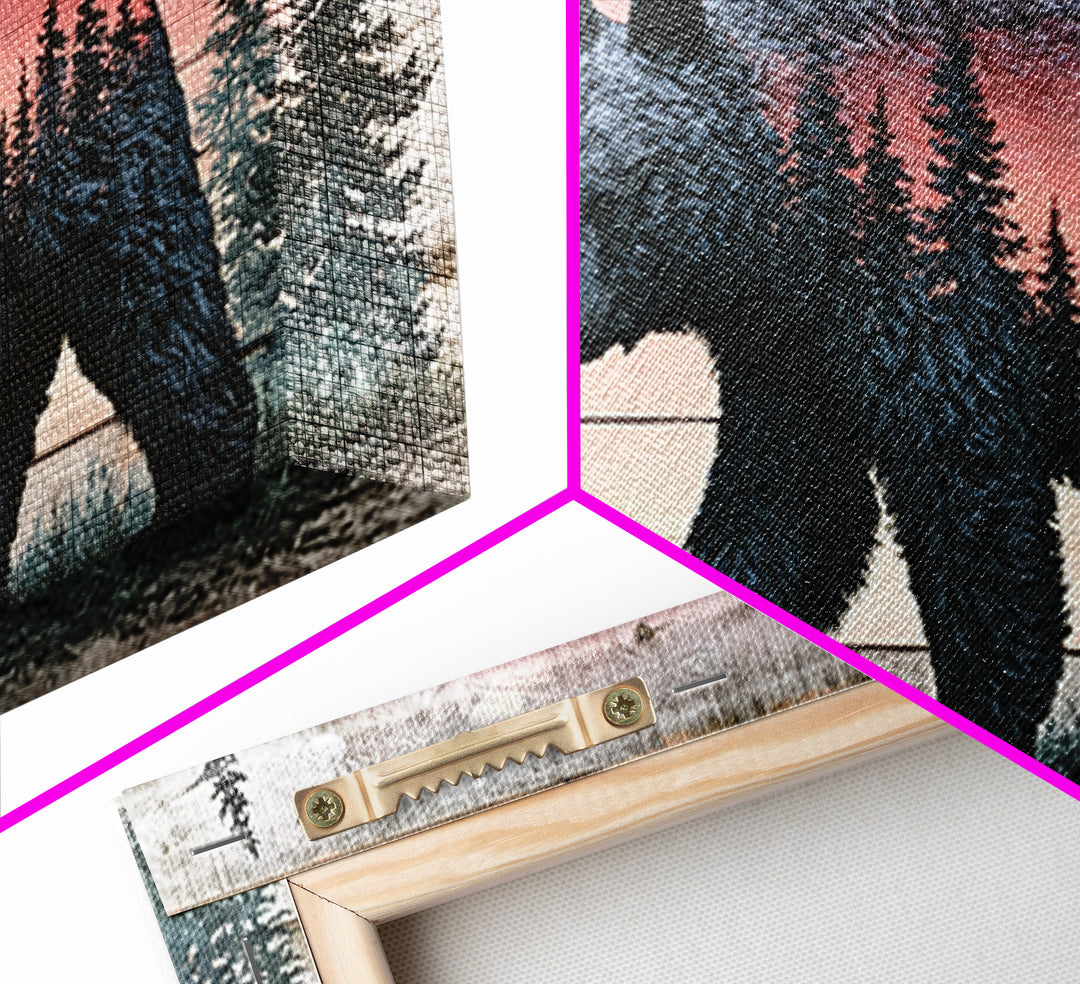 Bear Silhouette Among Pine Trees Framed Canvas Print, Rustic Art, Printable Art, Farmhouse Decor, Rustic, Farmhouse Wall Art, RUS-2x1-3