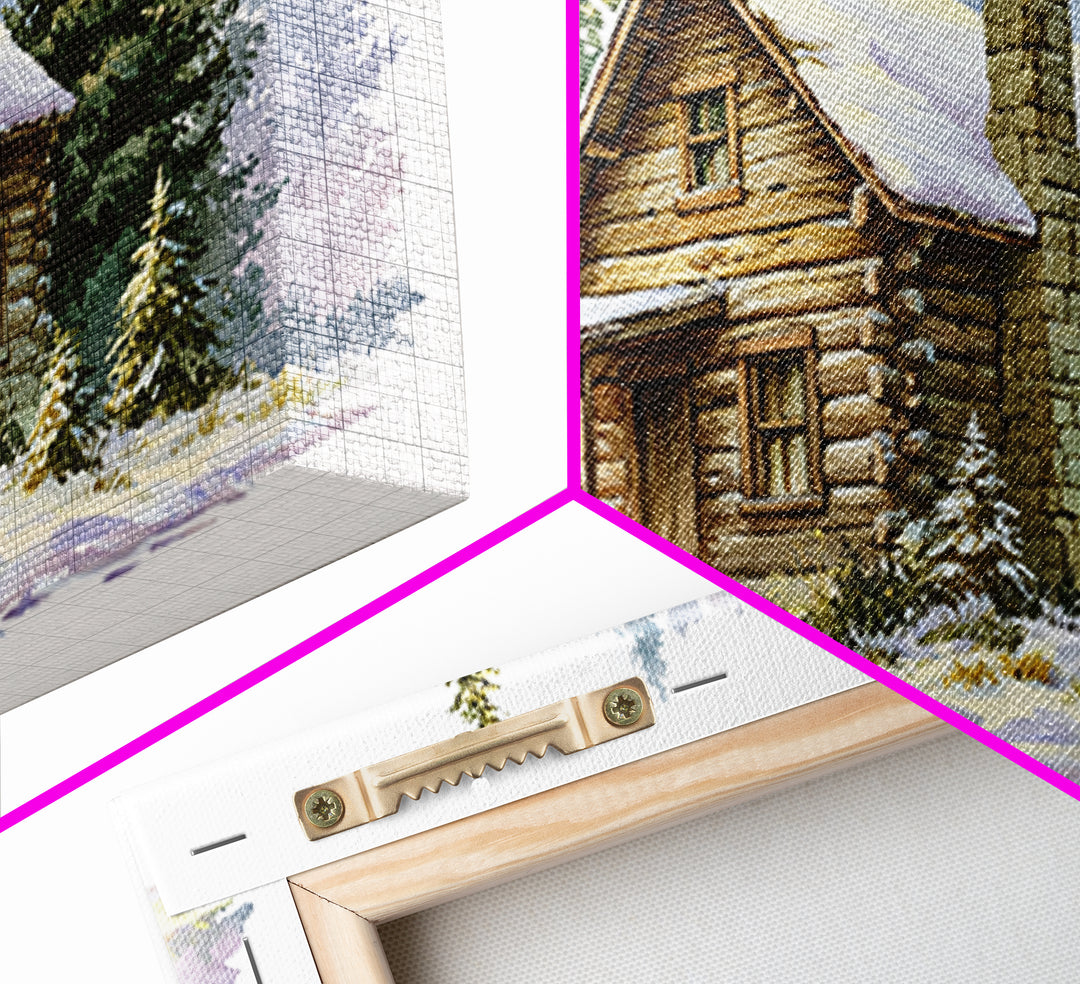 Log Cabin with Snowy Pines Framed Canvas Print, Rustic Art, Farmhouse Decor, Oil Painting, Rustic, Wood Wall Art, RUS-2x1-35