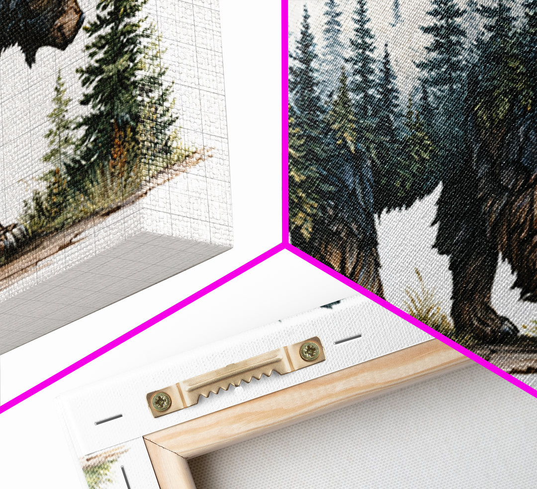 Bear Silhouette Among Pine Trees Framed Canvas Print, Rustic Art, Farmhouse Decor, Watercolor Art, Rustic, Gallery Wall Art, RUS-2x1-51