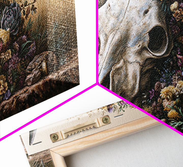 Cow Skull with Desert Flowers Canvas Print, Rustic Art, Digital Prints, Farmhouse Decor, Fine Art, Rustic, 3d Wall Art, RUS-2x1-61