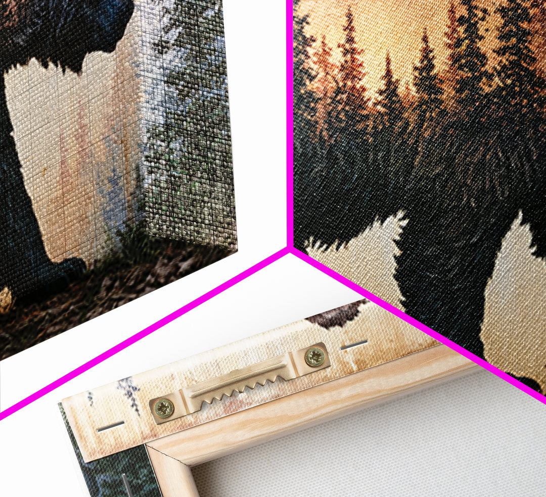 Bear Silhouette Among Pine Trees Framed Canvas Print, Rustic Art, Statement Artwork, Farmhouse Decor, Fine Art, Rustic, RUS-2x1-75