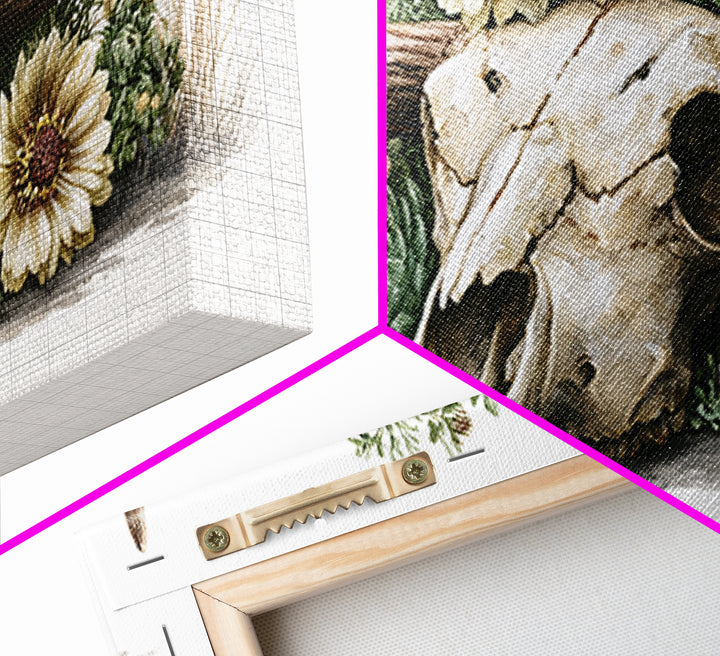 Cow Skull with Desert Flowers Framed Canvas Print, Rustic Art, Wood Wall Art, Farmhouse Decor, Rustic, Eclectic Wall Art, RUS-2x1-85