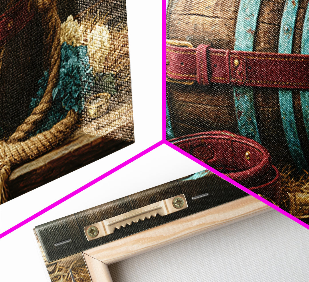 Whiskey Barrel and Leather Still Life Framed Canvas Print, Rustic Art, Landscape Painting, Farmhouse Decor, Fine Art, Rustic, RUS-2x1-87