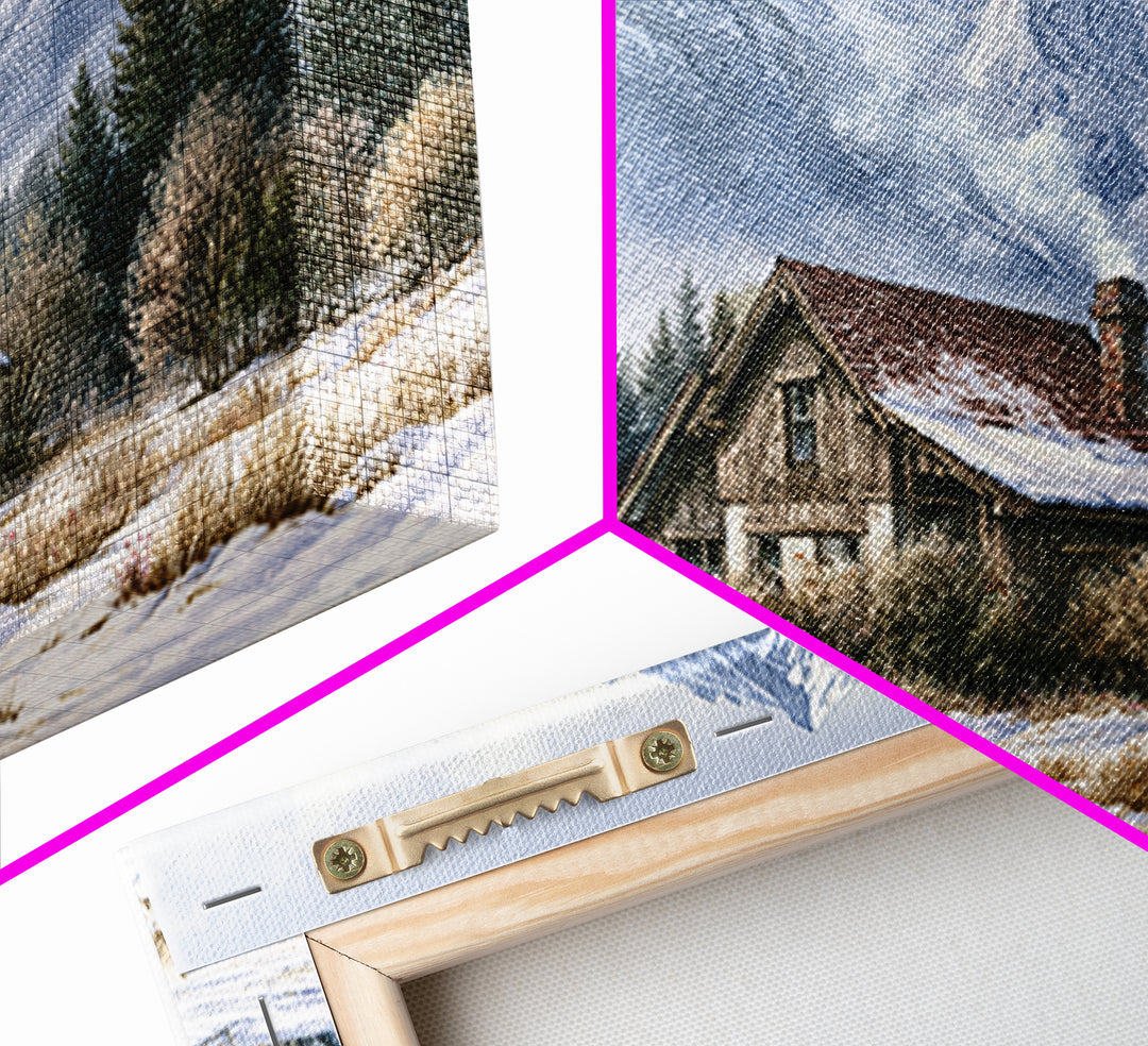 Winter Mountain Scene Framed Canvas Print, Rustic Art, Printable Wall Art, Farmhouse Decor, Watercolor Art, Rustic, Wood Art, RUS-2x1-91