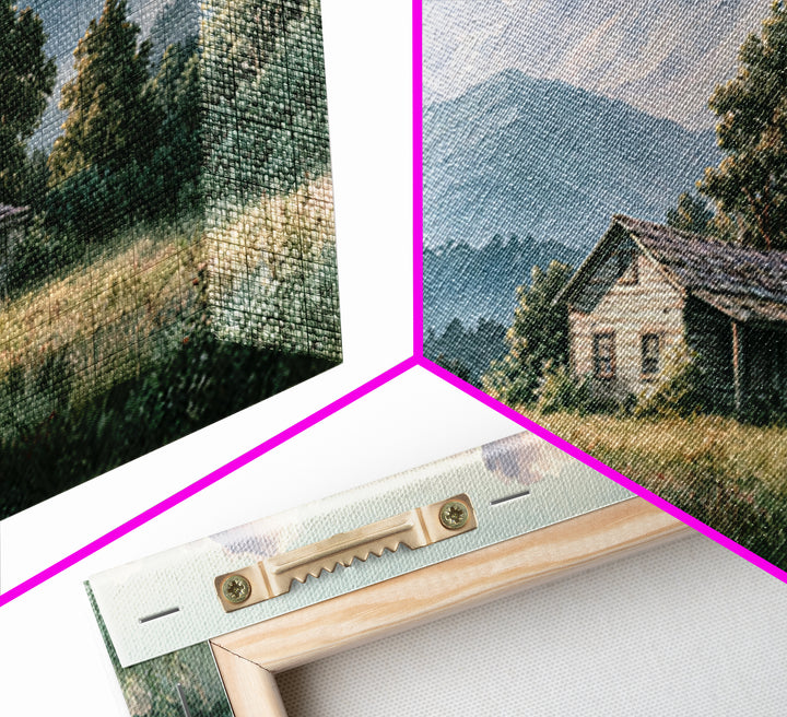 Mountain Cabin Landscape Framed Canvas Print, Rustic Art, Living Room Art, Farmhouse Decor, Oil Painting, Rustic, RUS-2x1-95