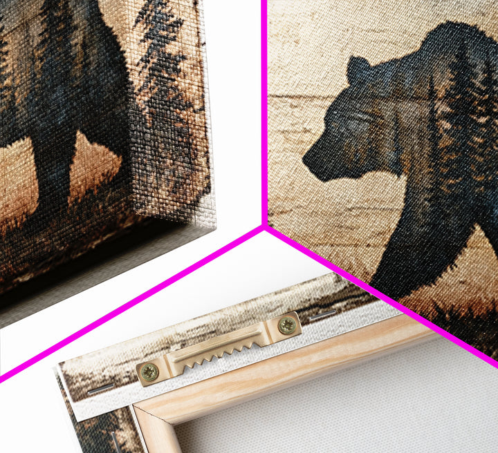Bear Silhouette Among Pine Trees Framed Canvas Print, Rustic Art, Abstract Wall Art, Farmhouse Decor, Fine Art, Rustic, RUS-2x1-99