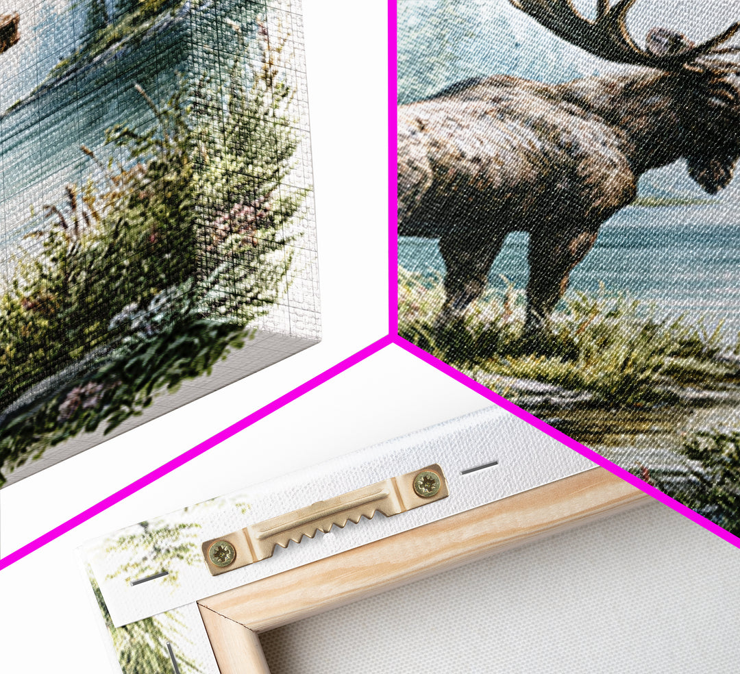 Moose Standing by a Quiet Lake Framed Canvas Print, Rustic Art, Digital Prints, Farmhouse Decor, Fine Art, Rustic, 3d Wall Art, RUS-2x3-17