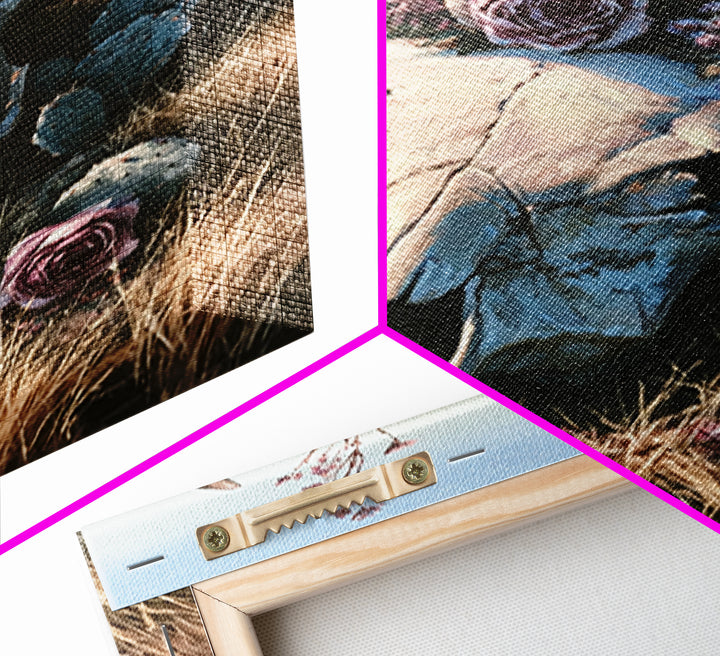 Cow Skull with Desert Flowers Framed Canvas Print, Rustic Art, Wall Art, Farmhouse Decor, Oil Painting, Rustic, RUS-2x3-25