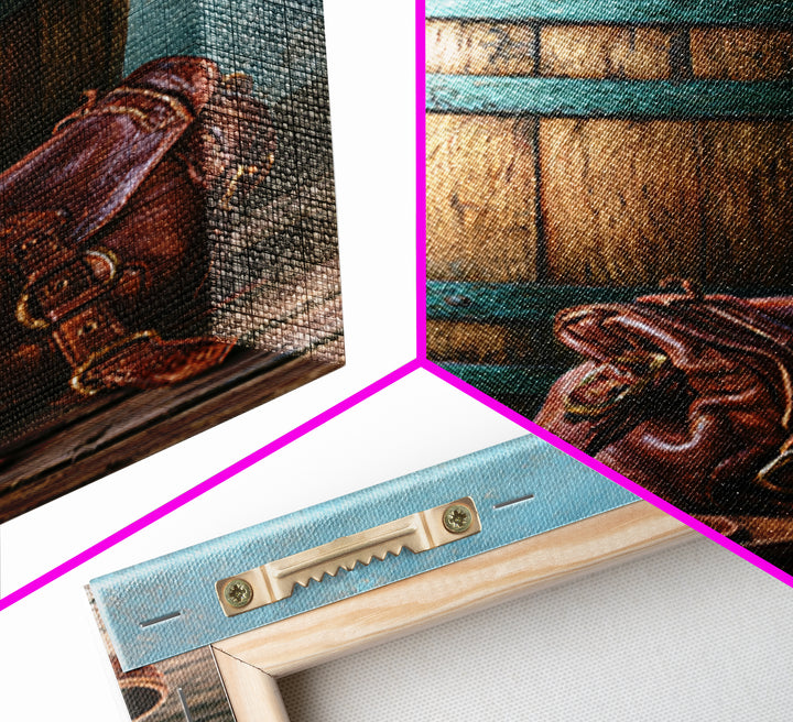 Whiskey Barrel and Leather Still Life Framed Canvas Print, Rustic Art, Downloadable Art, Farmhouse Decor, Fine Art, Rustic, RUS-2x3-3