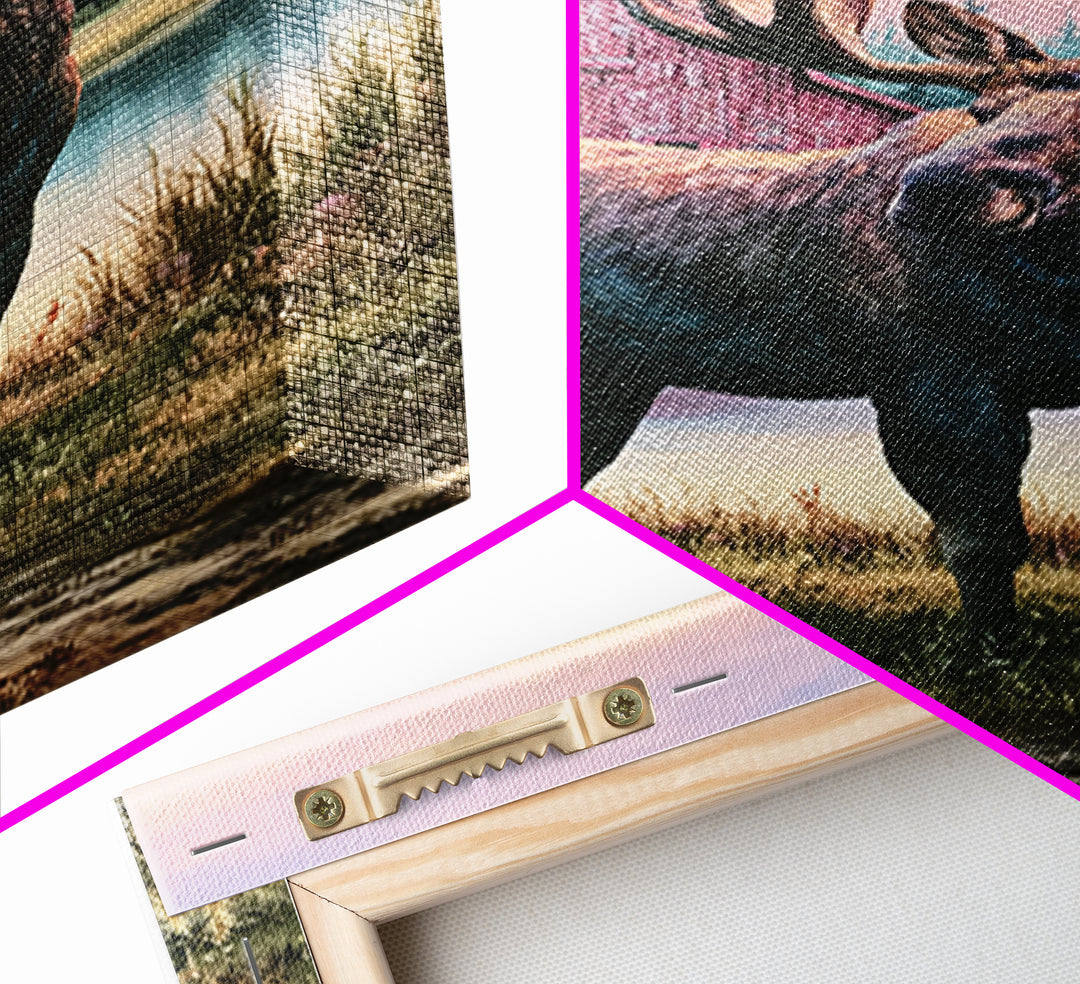 Moose Standing by a Quiet Lake Framed Canvas Print, Rustic Art, Digital Prints, Farmhouse Decor, Fine Art, Rustic, 3d Wall Art, RUS-2x3-41