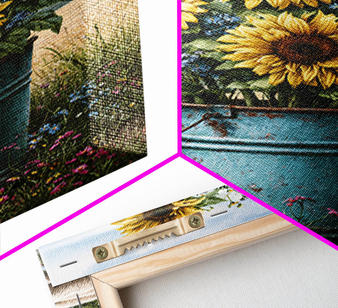 Sunflowers in a Metal Bucket Framed Canvas Print, Rustic Art, Living Room Art, Farmhouse Decor, Watercolor Art, Rustic, RUS-2x3-44