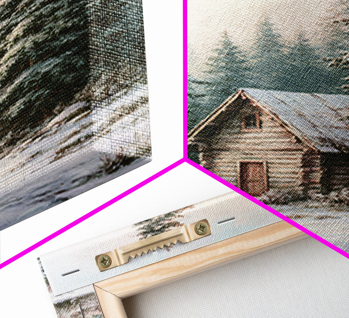 Log Cabin with Snowy Pines Framed Canvas Print, Rustic Art, Wall Art, Farmhouse Decor, Abstract Art, Rustic, Living Room Decor, RUS-2x3-47