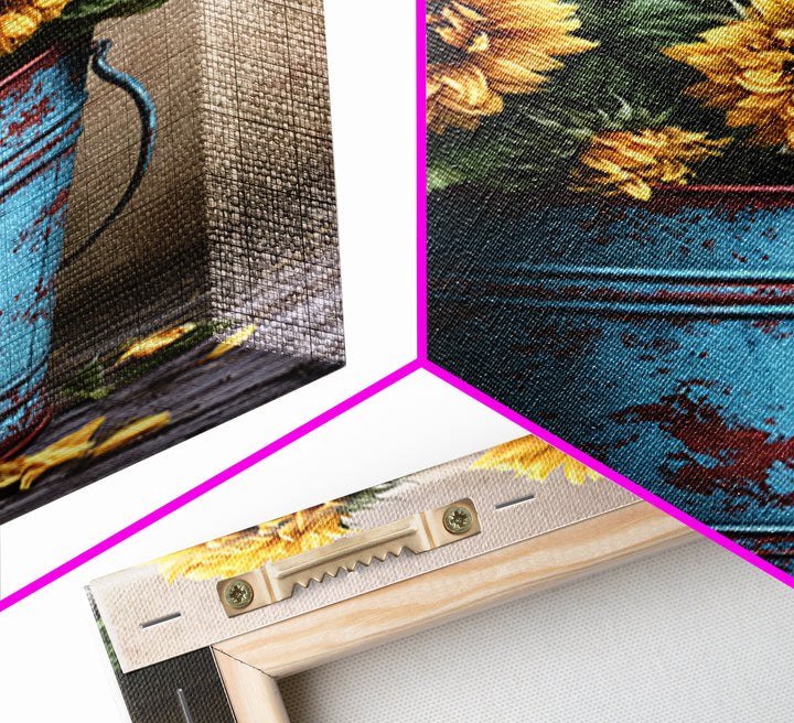 Sunflowers in a Metal Bucket Framed Canvas Print, Rustic Art, Oil Painting, Farmhouse Decor, Rustic, Modern Art, RUS-2x3-68