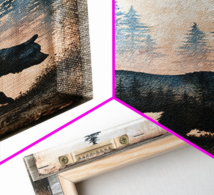 Bear Silhouette Among Pine Trees Framed Canvas Print, Rustic Art, Boho Wall Art, Farmhouse Decor, Rustic, Downloadable Art, RUS-2x3-87