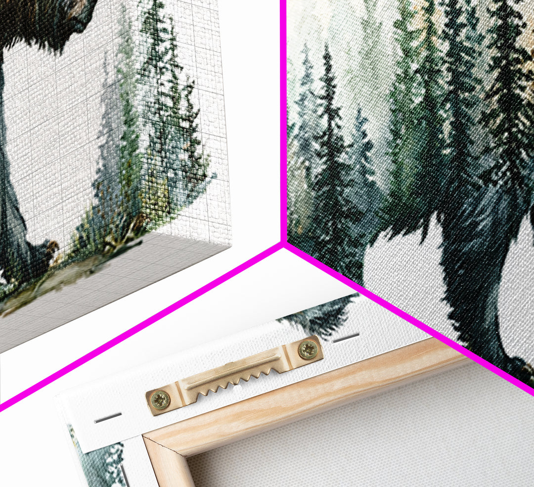 Bear Silhouette Among Pine Trees Framed Canvas Print, Rustic Art, Statement Artwork, Farmhouse Decor, Fine Art, Rustic, RUS-3x1-23