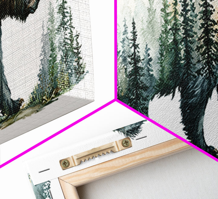 Bear Silhouette Among Pine Trees Framed Canvas Print, Rustic Art, Statement Artwork, Farmhouse Decor, Fine Art, Rustic, RUS-3x1-23