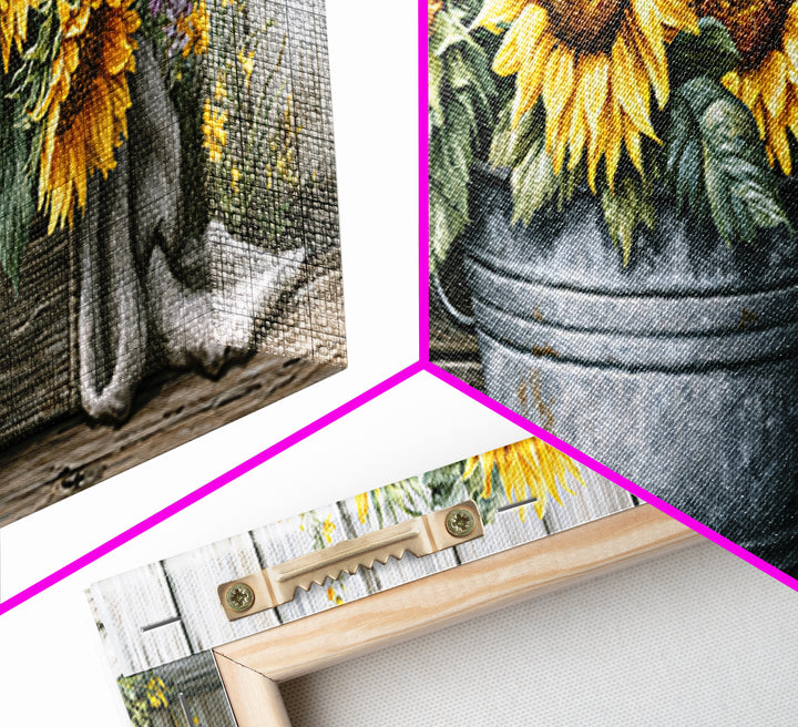 Sunflowers in a Metal Bucket Canvas Print, Rustic Art, Eclectic Wall Art, Farmhouse Decor, Watercolor Art, Rustic, RUS-3x1-4