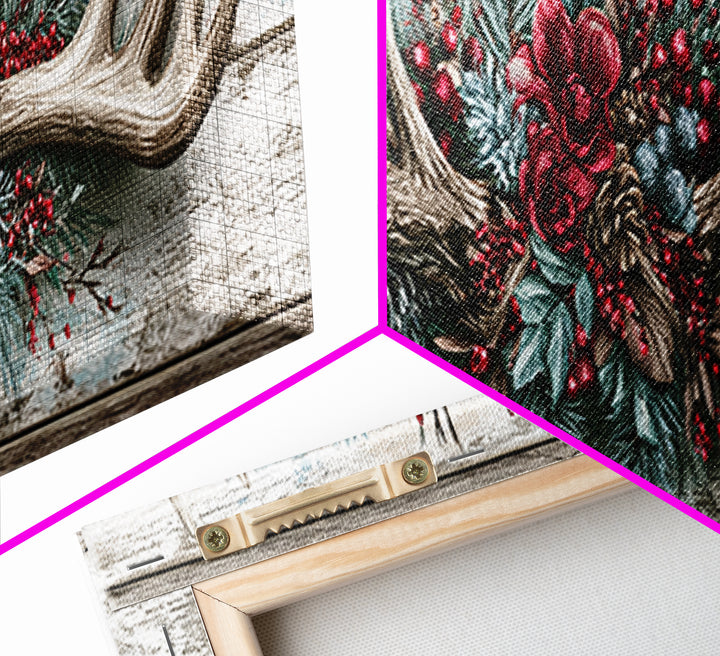 Deer Antlers with Pine Branches and Berries Canvas Print, Rustic Art, Abstract Wall Art, Farmhouse Decor, Watercolor Art, RUS-3x1-42
