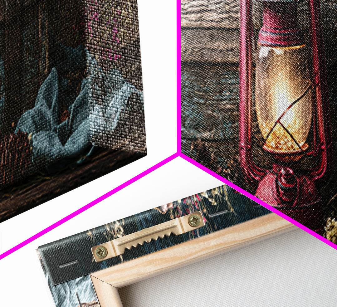 Rustic Lantern Glowing Beside Pinecones Framed Canvas Print, Rustic Art, Wall Decor, Farmhouse Decor, Fine Art, Rustic, RUS-3x1-44