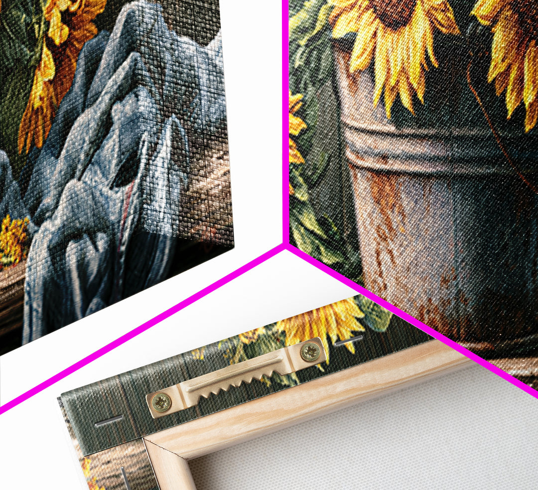 Sunflowers in a Metal Bucket Framed Canvas Print, Rustic Art, Room Decor, Farmhouse Decor, Fine Art, Rustic, Oil Painting, RUS-3x1-52