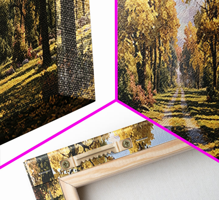 Forest Path with Golden Autumn Leaves Framed Canvas Print, Rustic Art, Farmhouse Decor, Oil Painting, Rustic, Gallery Wall Art, RUS-3x1-58