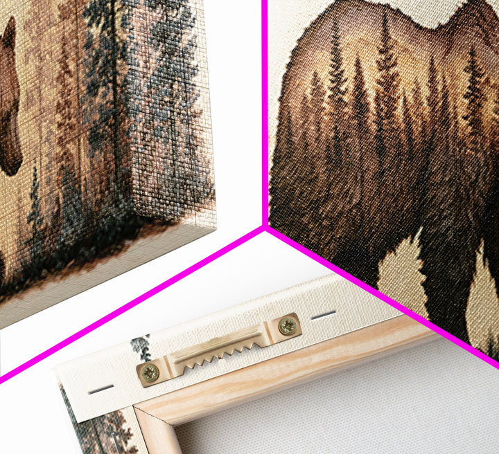 Bear Silhouette Among Pine Trees Canvas Print, Rustic Art, Digital Print, Farmhouse Decor, Fine Art, Rustic, Landscape Painting, RUS-3x1-71