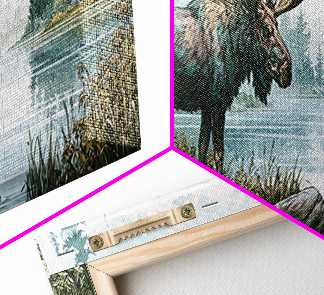 Moose Standing by a Quiet Lake Framed Canvas Print, Rustic Art, Gallery Wall Art, Farmhouse Decor, Oil Painting, Rustic, RUS-3x1-73