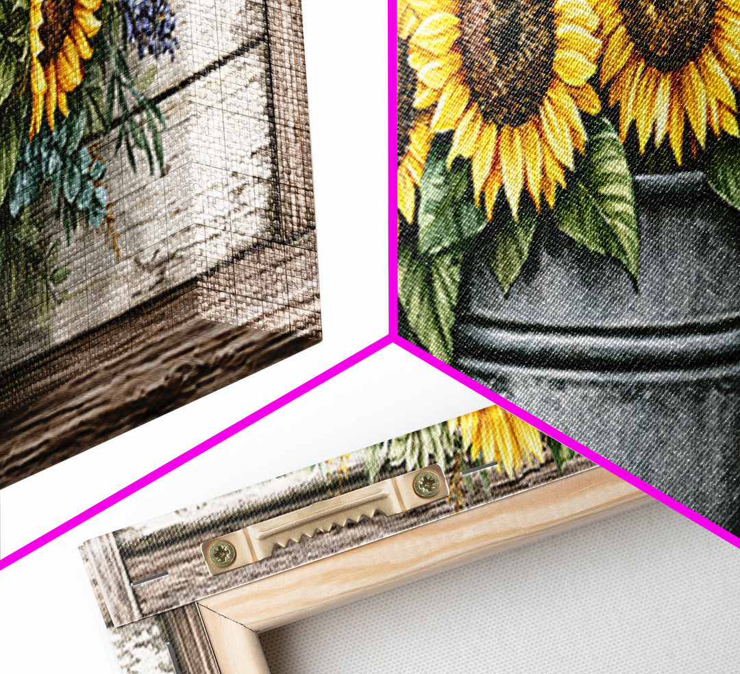 Sunflowers in a Metal Bucket Canvas Print, Rustic Art, Home Decor, Farmhouse Decor, Oil Painting, Rustic, Living Room Decor, RUS-3x1-76