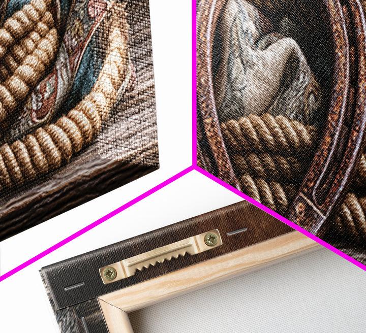 Rusty Horseshoe and Rope Composition Framed Canvas Print, Rustic Art, Modern Art, Farmhouse Decor, Rustic, Neutral Decor, RUS-3x1-77
