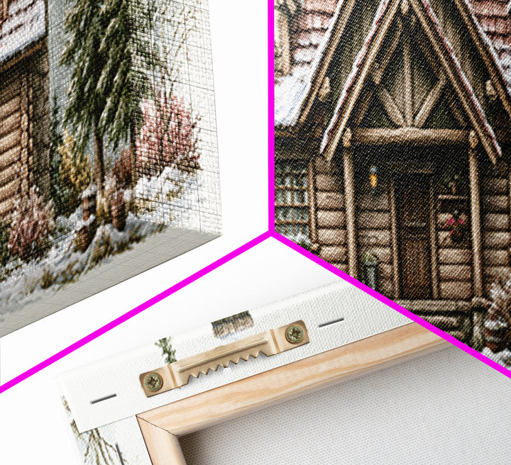 Log Cabin with Snowy Pines Framed Canvas Print, Rustic Art, Printable Art, Farmhouse Decor, Oil Painting, Rustic, RUS-3x1-79