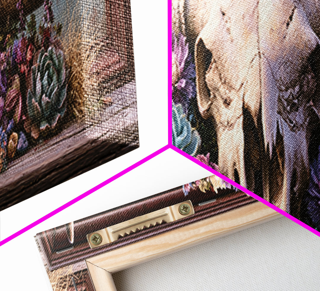 Cow Skull with Desert Flowers Framed Canvas Print, Rustic Art, Landscape Painting, Farmhouse Decor, Watercolor Art, Rustic, RUS-3x1-81