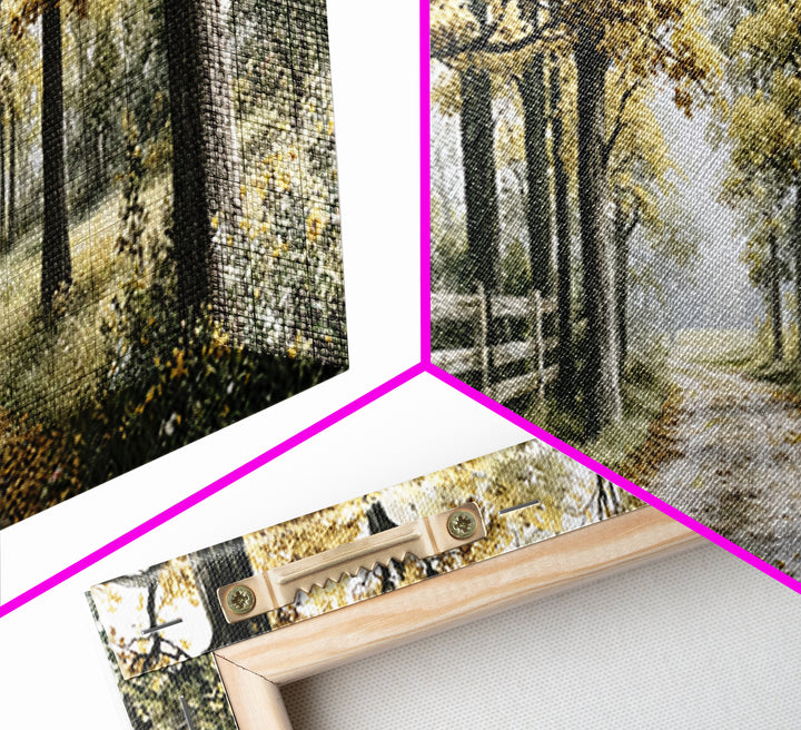 Forest Path with Golden Autumn Leaves Framed Canvas Print, Rustic Art, Farmhouse Decor, Oil Painting, Rustic, Gallery Wall Art, RUS-3x1-82