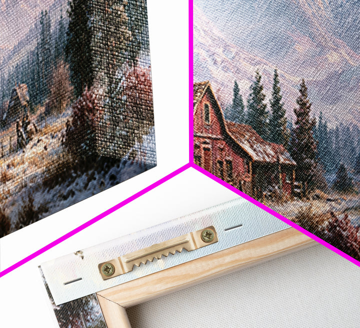 Winter Mountain Scene Framed Canvas Print, Rustic Art, Printable Wall Art, Farmhouse Decor, Watercolor Art, Rustic, Wood Art, RUS-3x1-87