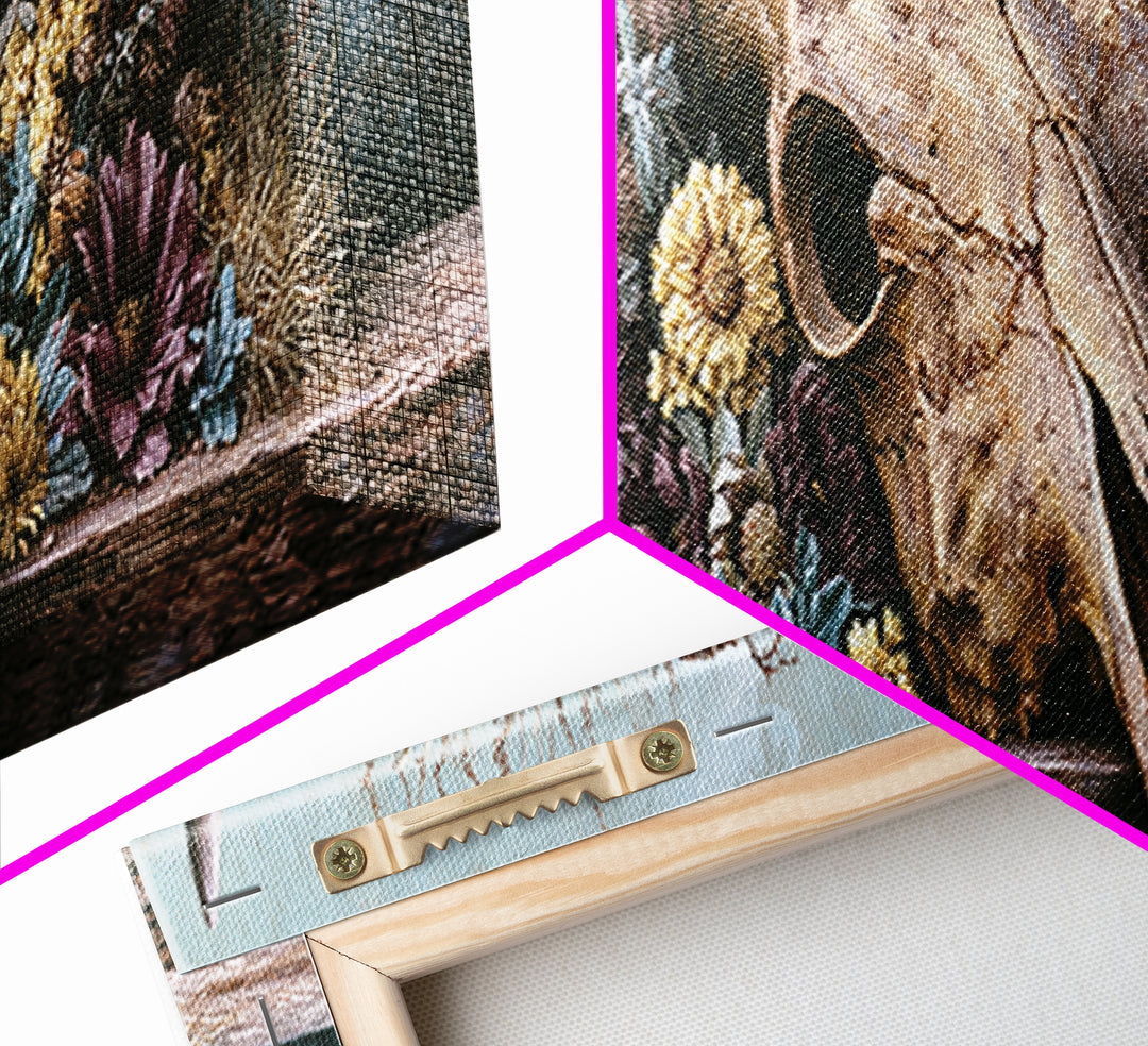 Cow Skull with Desert Flowers Framed Canvas Print, Rustic Art, Wood Wall Art, Farmhouse Decor, Rustic, Eclectic Wall Art, RUS-3x1-9