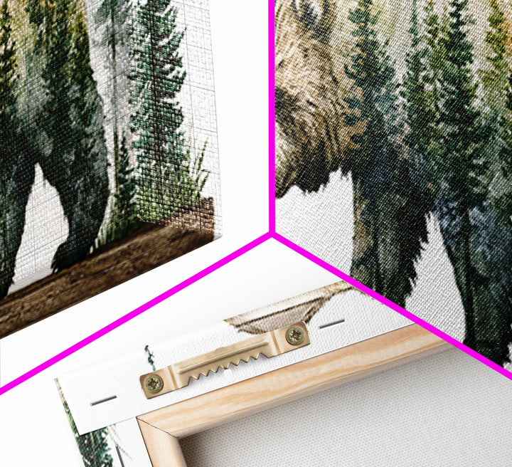 Bear Silhouette Among Pine Trees Canvas Print, Rustic Art, Textured Painting, Farmhouse Decor, Oil Painting, Rustic, RUS-3x1-95