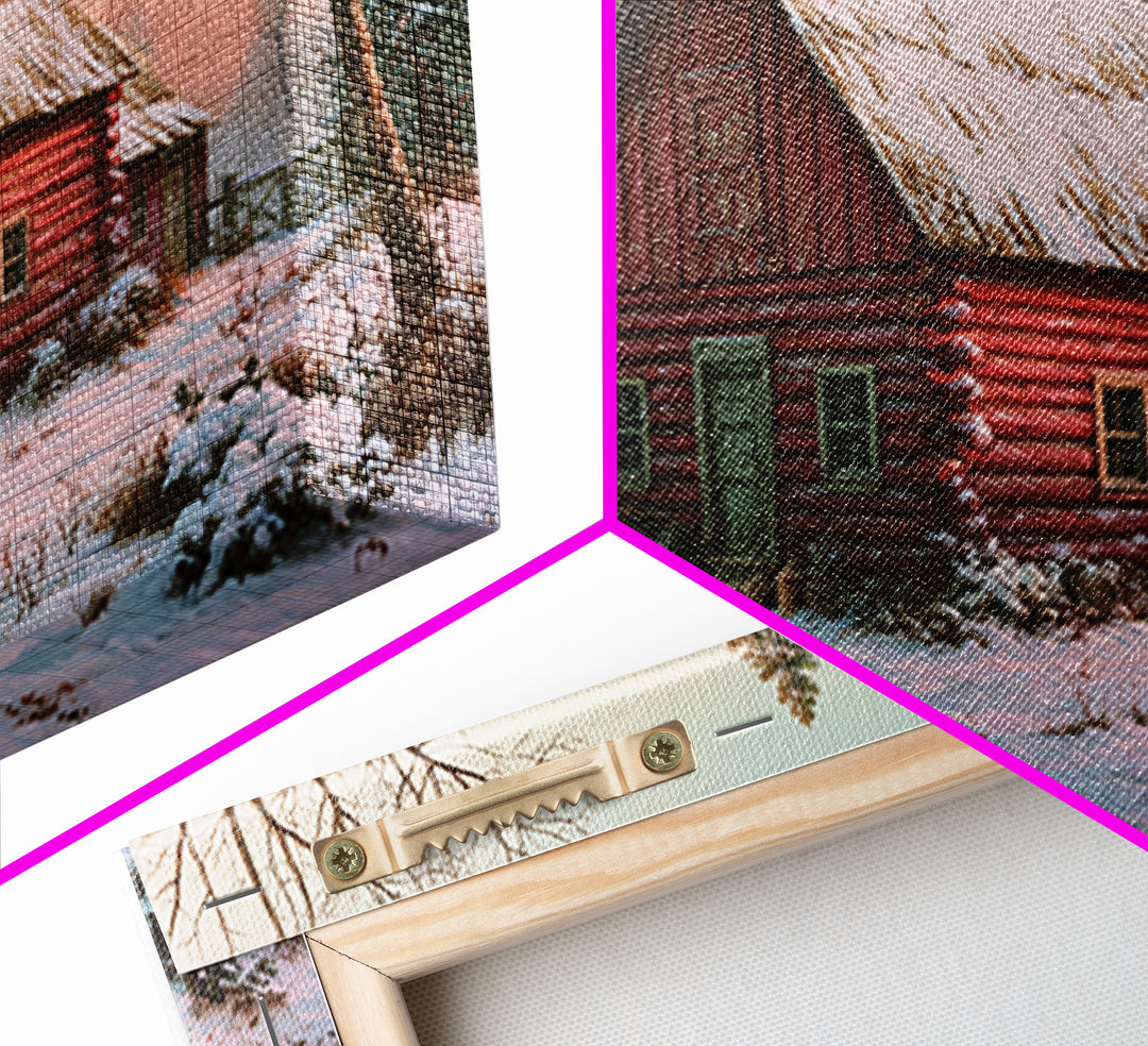 Log Cabin with Snowy Pines Framed Canvas Print, Rustic Art, Farmhouse Wall Art, Farmhouse Decor, Rustic, Statement Artwork, RUS-3x2-19