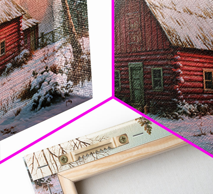 Log Cabin with Snowy Pines Framed Canvas Print, Rustic Art, Farmhouse Wall Art, Farmhouse Decor, Rustic, Statement Artwork, RUS-3x2-19