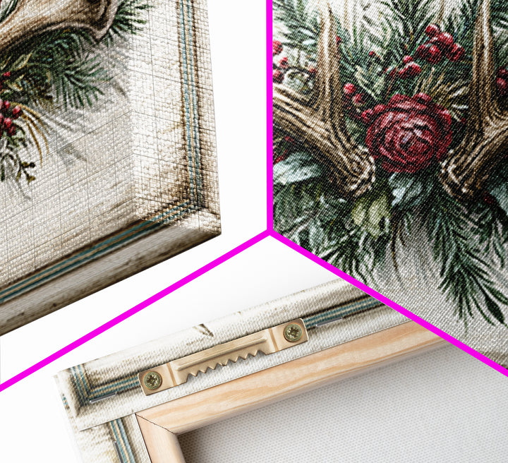 Deer Antlers with Pine Branches and Berries Canvas Print, Rustic Art, 3d Wall Art, Farmhouse Decor, Oil Painting, Rustic, RUS-3x2-30