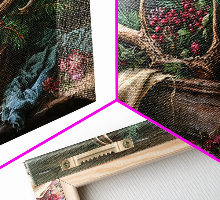 Deer Antlers with Pine Branches and Berries Canvas Print, Rustic Art, 3d Wall Art, Farmhouse Decor, Oil Painting, Rustic, RUS-3x2-54