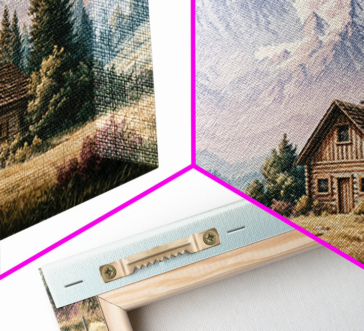 Mountain Cabin Landscape Framed Canvas Print, Rustic Art, Painting, Farmhouse Decor, Fine Art, Rustic, Boho Wall Art, RUS-3x2-55