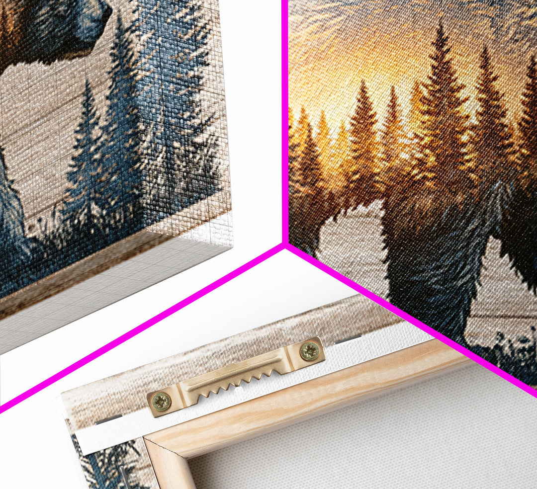 Bear Silhouette Among Pine Trees Framed Canvas Print, Rustic Art, Luxury Decor, Farmhouse Decor, Oil Painting, Rustic, RUS-3x2-59