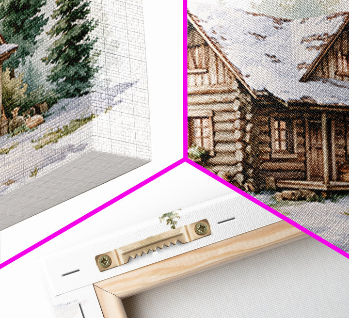 Log Cabin with Snowy Pines Canvas Print, Rustic Art, Textured Painting, Farmhouse Decor, Watercolor Art, Rustic, Digital Print, RUS-3x2-67