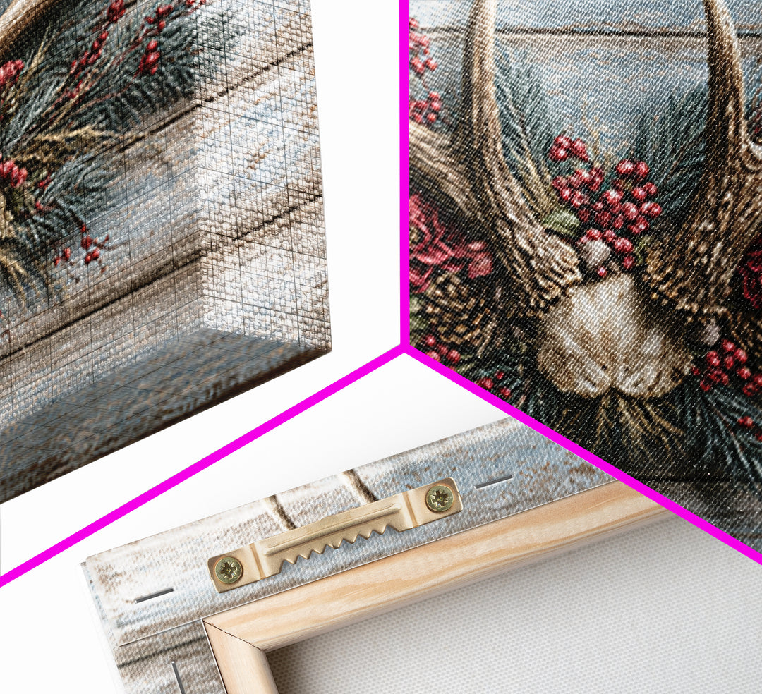 Deer Antlers with Pine Branches and Berries Framed Canvas Print, Rustic Art, Eclectic Wall Art, Farmhouse Decor, Watercolor Art, RUS-3x2-78